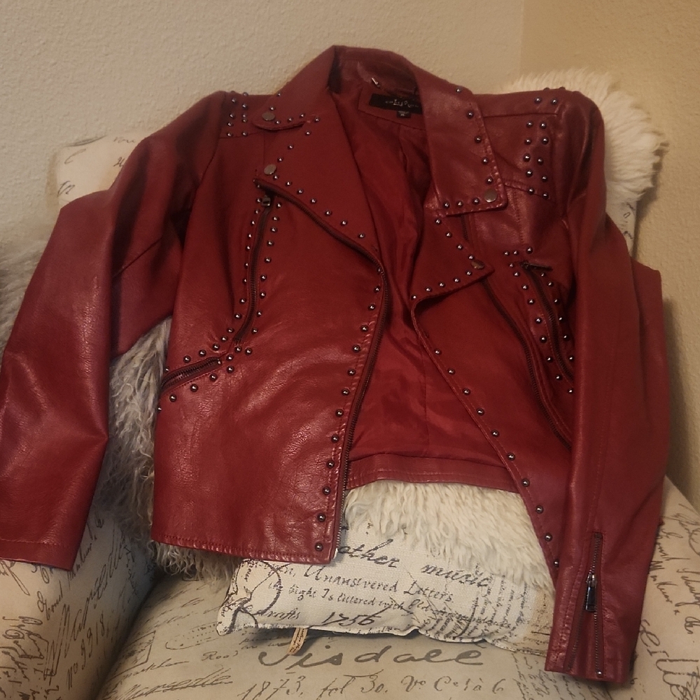 Red Leather Moto Jacket with Asymmetrical Zipper